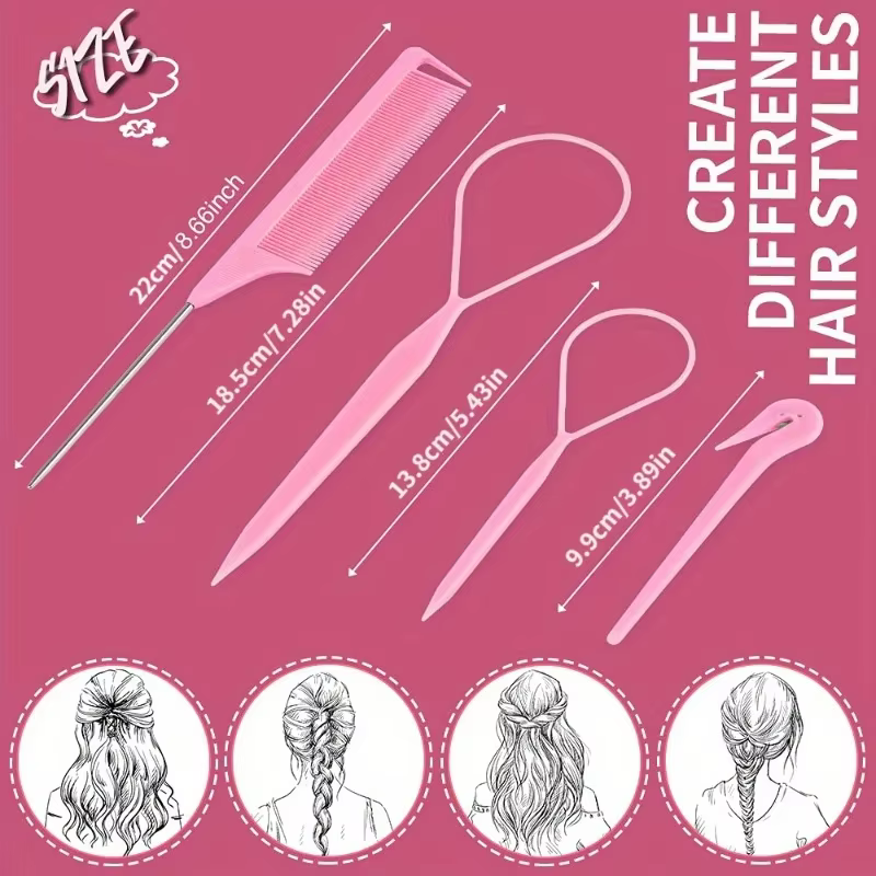 Kit d'outils pour cheveux 4 pièces/ensemble : 2 outils à boucles pour tresses françaises, 1 peigne à queue de rat, 1 coupe-élastiques