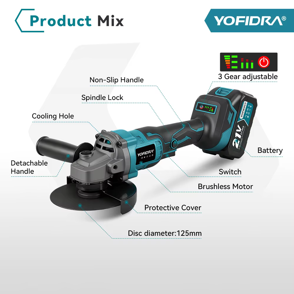 YOFIDRA 125mm meuleuse d'angle sans brosse 3 vitesses sans fil métal bois meulage polissage outil de coupe pour Makita 21V batterie broche