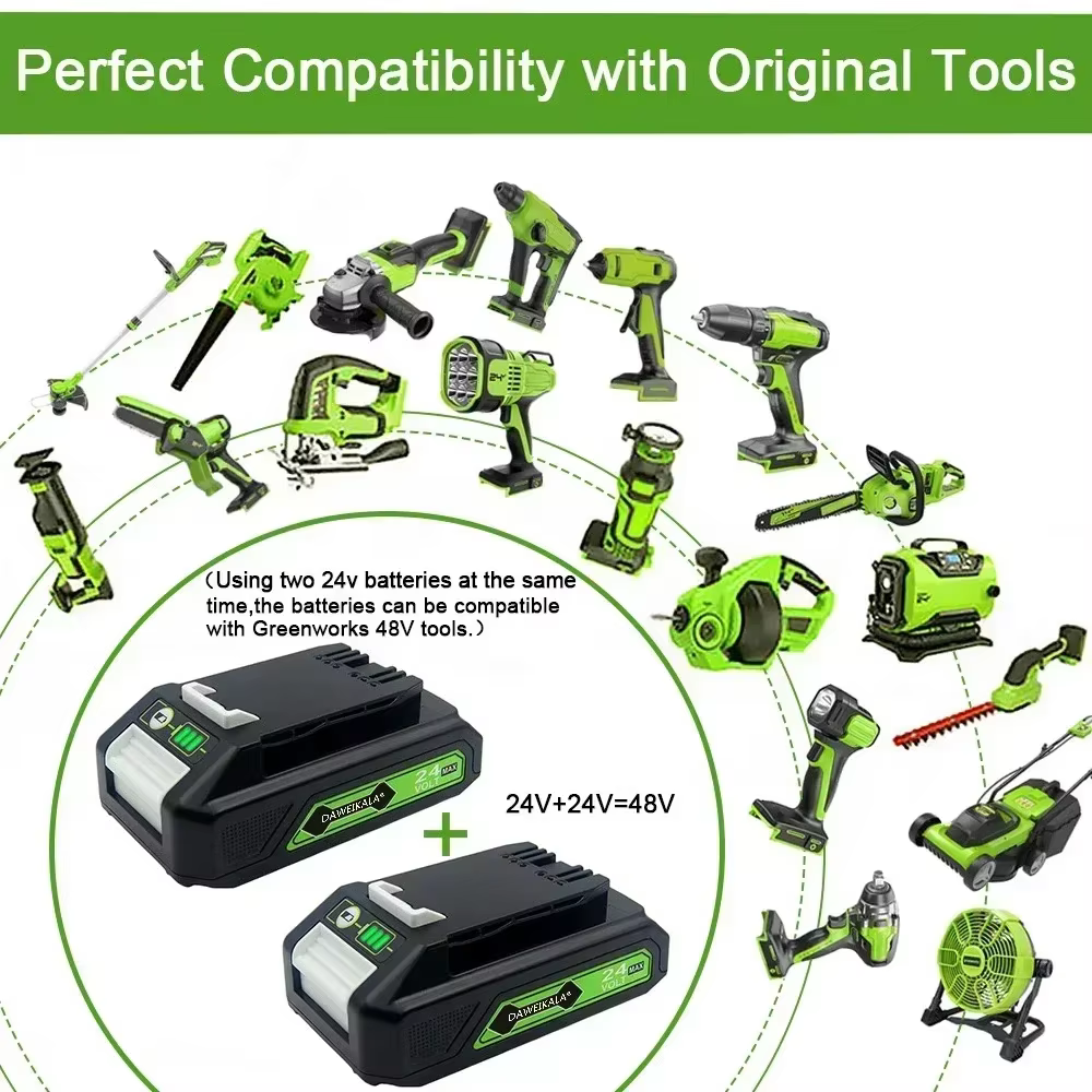 Batterie Li-ion Rechargeable de remplacement 24V 3.0/6.0Ah pour outils Greenworks compatible 29842 29852 29322 20362 MO24B410 MO48L4211