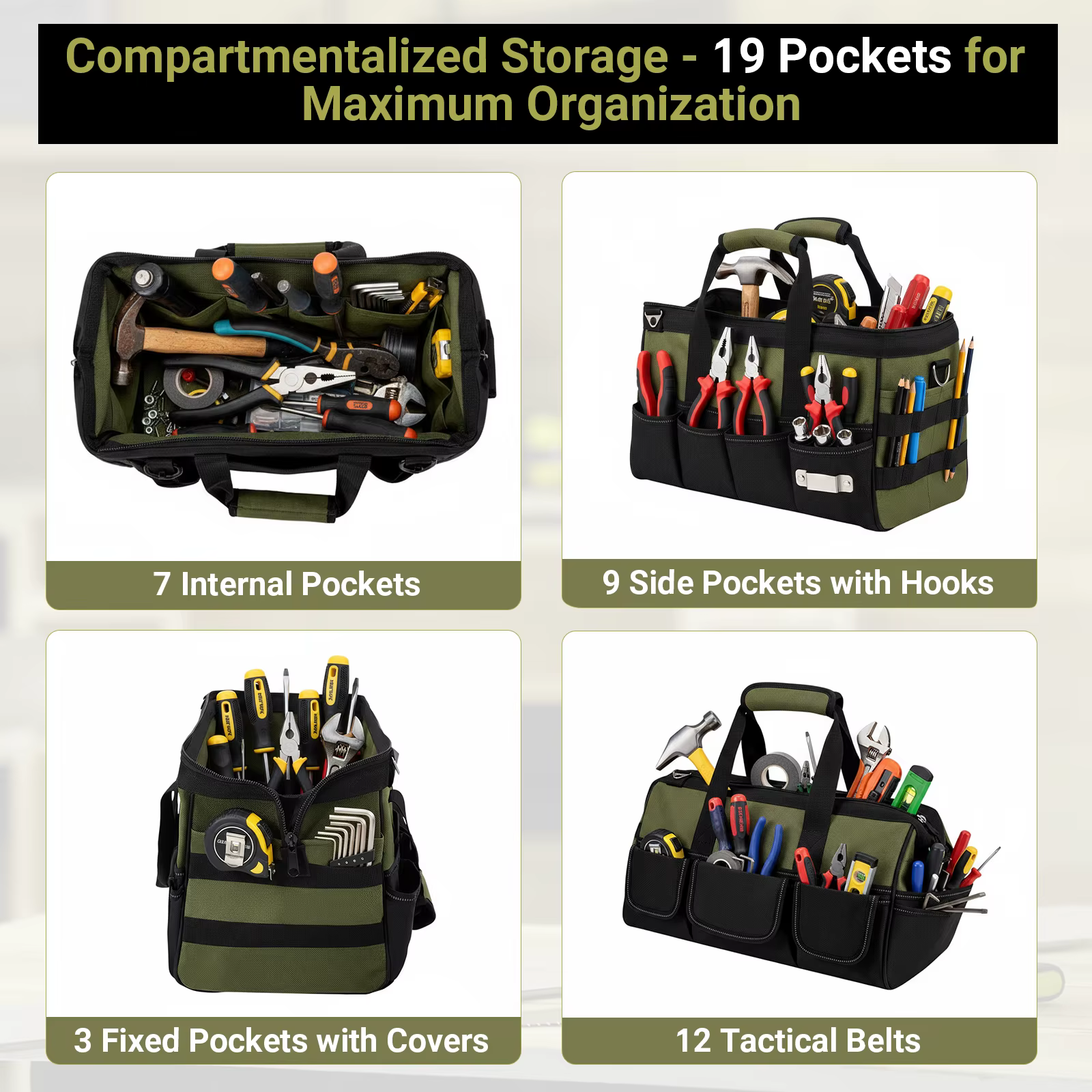 Sac à outils professionnel avec 21 compartiments, rangement d'outils pour électriciens, mécaniciens, artisans, poignées souples, cadeau pour hommes et pères