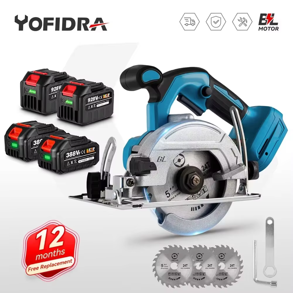 Scie circulaire électrique sans fil YOFIDRA 5 pouces 125 mm sans balais 0 ° à 45 ° Machine à découper le bois réglable