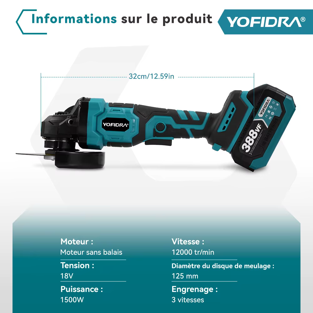 YOFIDRA 125mm meuleuse d'angle sans brosse 3 vitesses coupe efficace polissage outil de travail du bois pour Makita 18-21V batterie broche