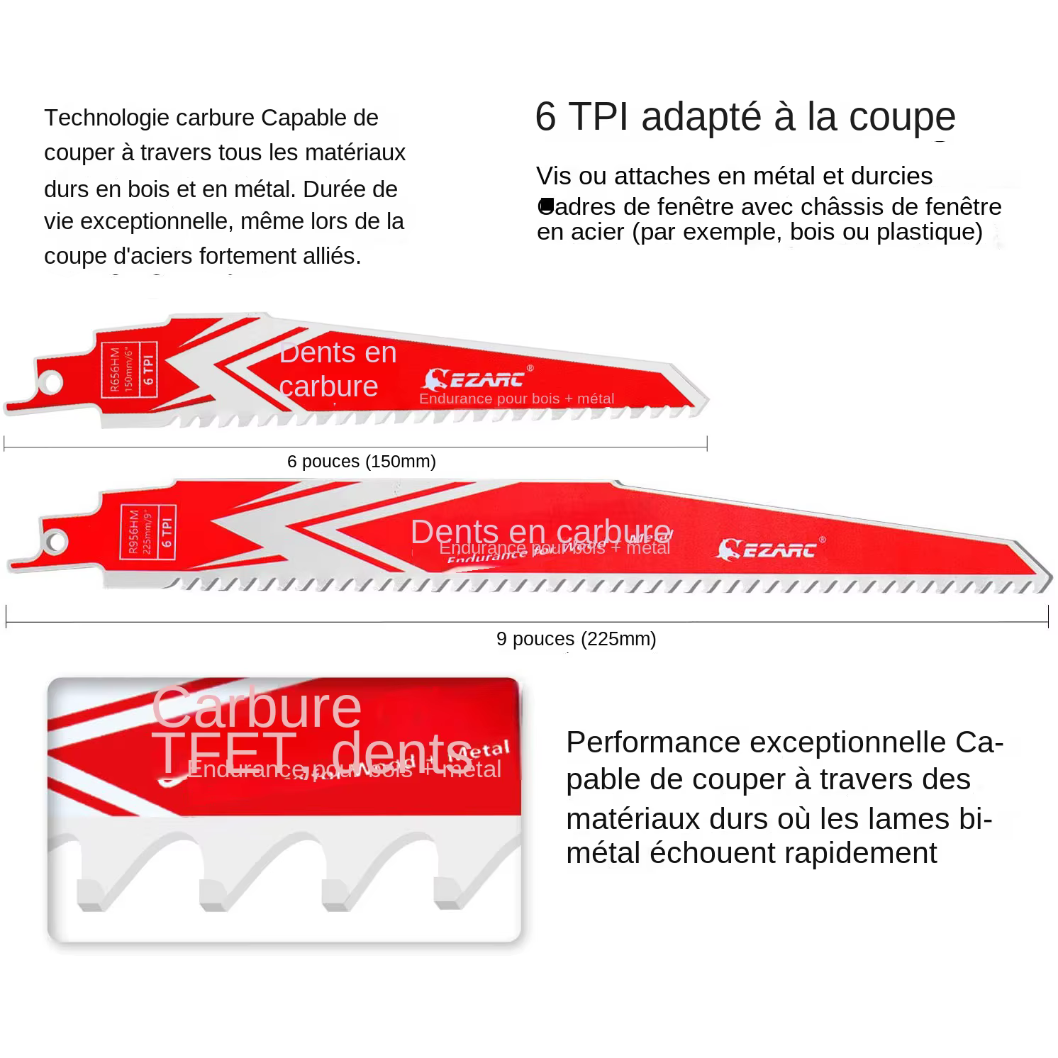 EZARC 3 pièces lame de scie alternative en carbure d'endurance pour la démolition du bois dur et du métal R656HM et R956