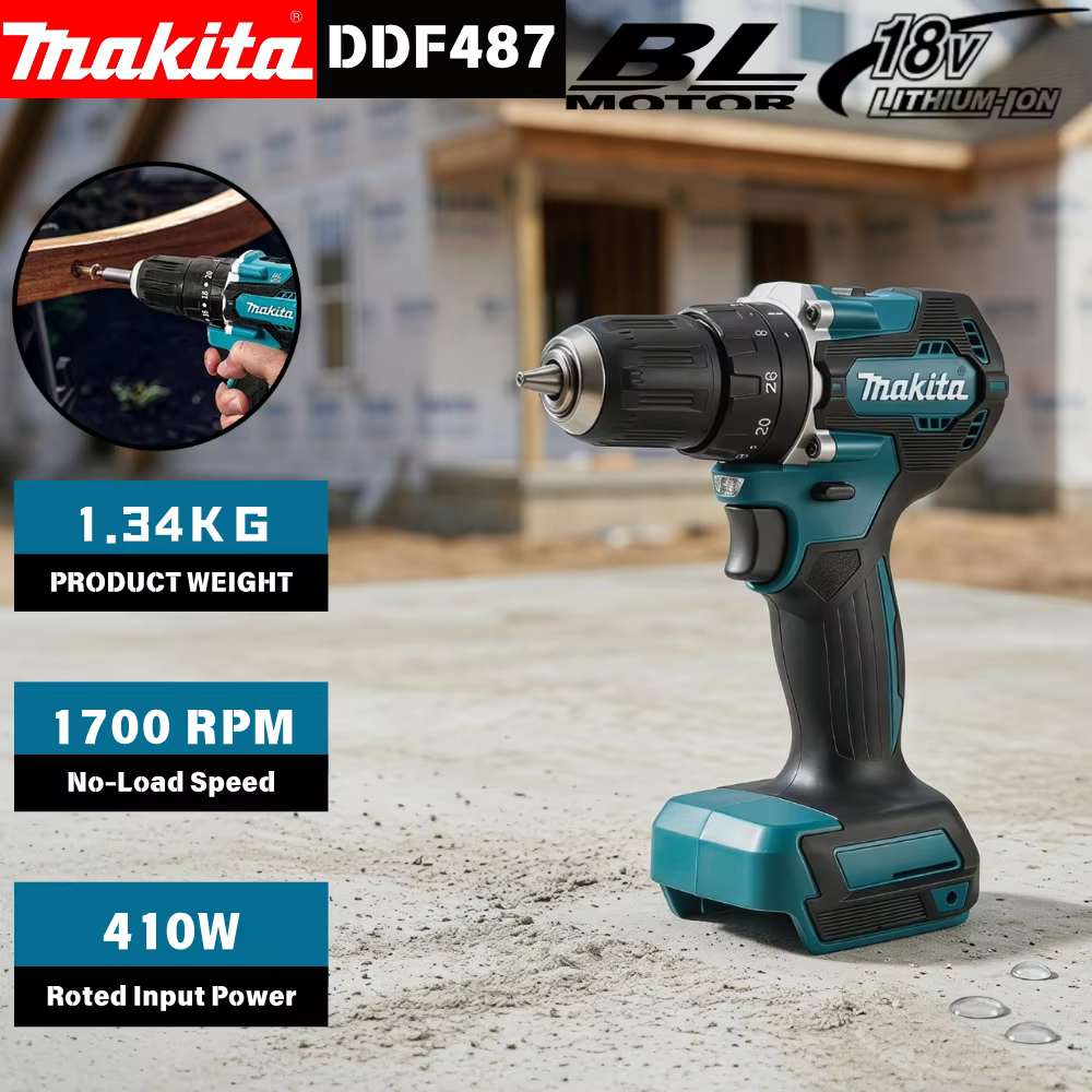 Perceuse-visseuse sans fil Makita DDF487 18V Lithium Brushless ergonomique pour la pose et les réparations de matériel