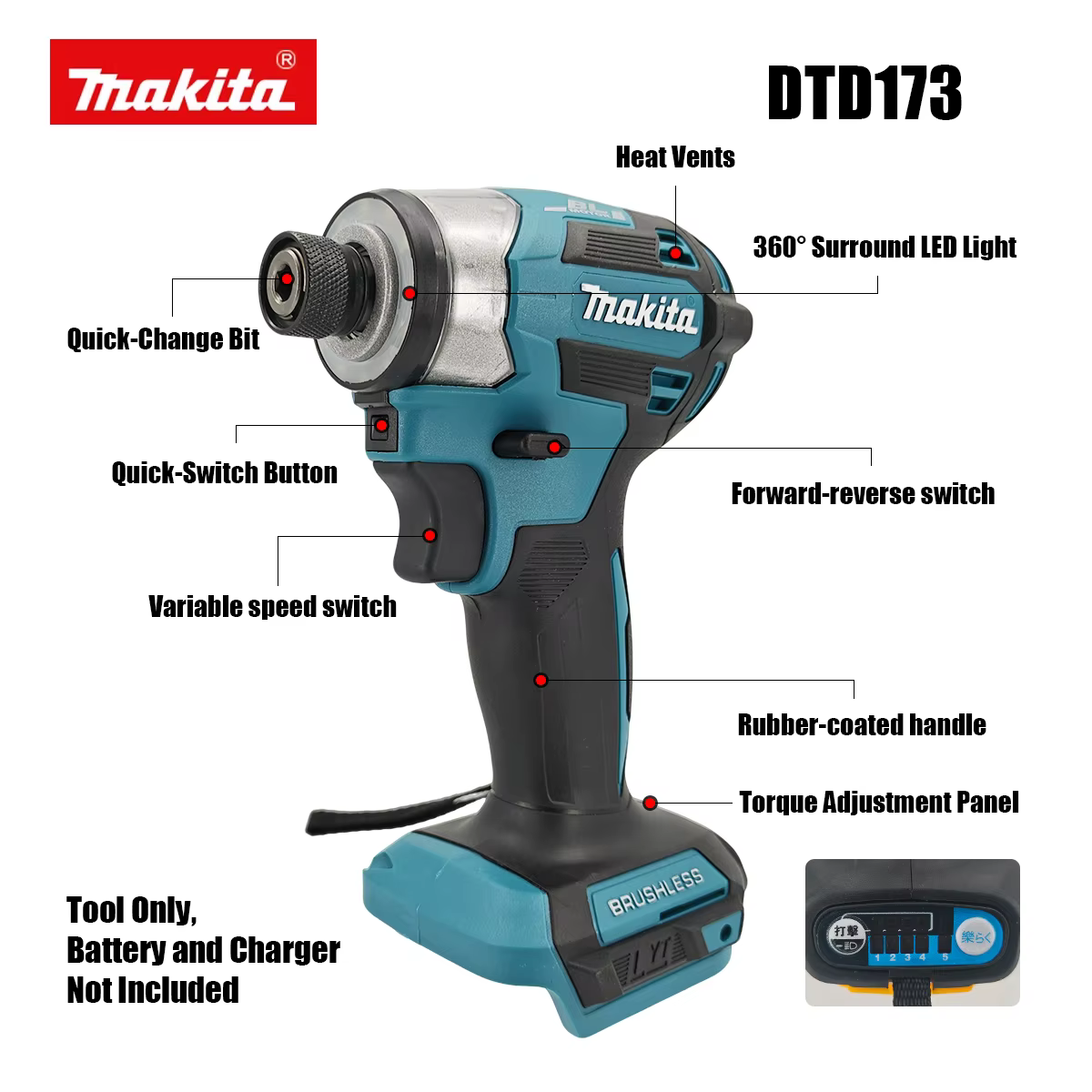 Makita DTD173 1800RPM 180Nm Visseuse à percussion sans fil 180Nm Moteur sans balais Perceuse électrique Mode T pour vis à bois pour batterie Makita