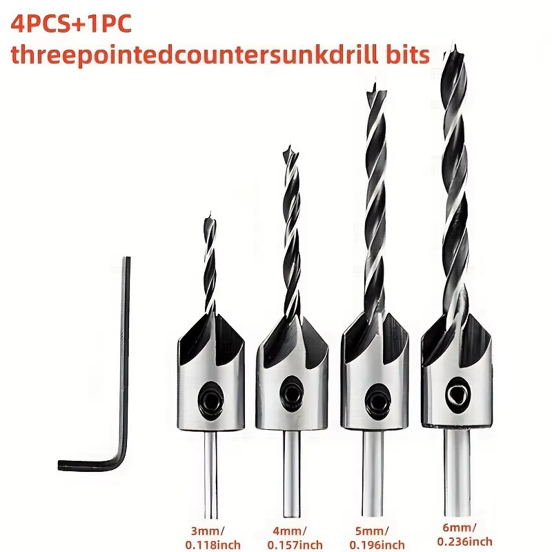 Jeu de 4 forets à chanfreiner à trois pointes de 3-6 mm pour le travail du bois