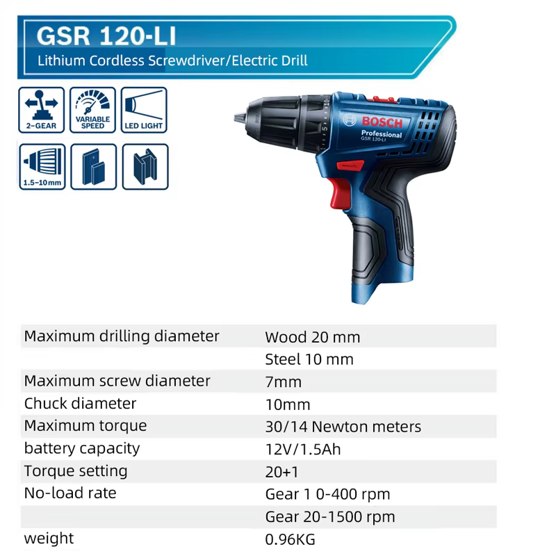 Bosch GSR 120-LI perceuse sans fil tournevis électrique Lithium-Ion Rechargeable usage domestique