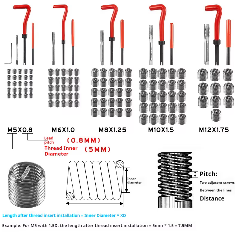 Kit de réparation de filetages DGEV 131 pièces avec inserts Helicoil, manchons, inserts filetés, tarauds et forets pour M5 M6 M8 M10 M12