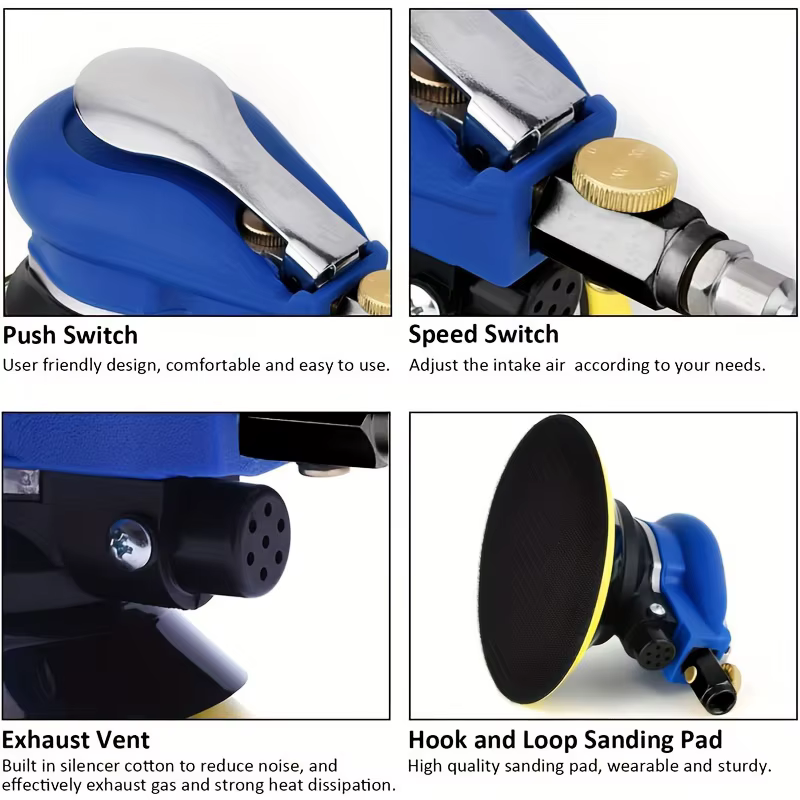 Ponceuse pneumatique portable 1 pièce - Utilisation compacte à une main avec vitesse réglable et échappement anti-bruit