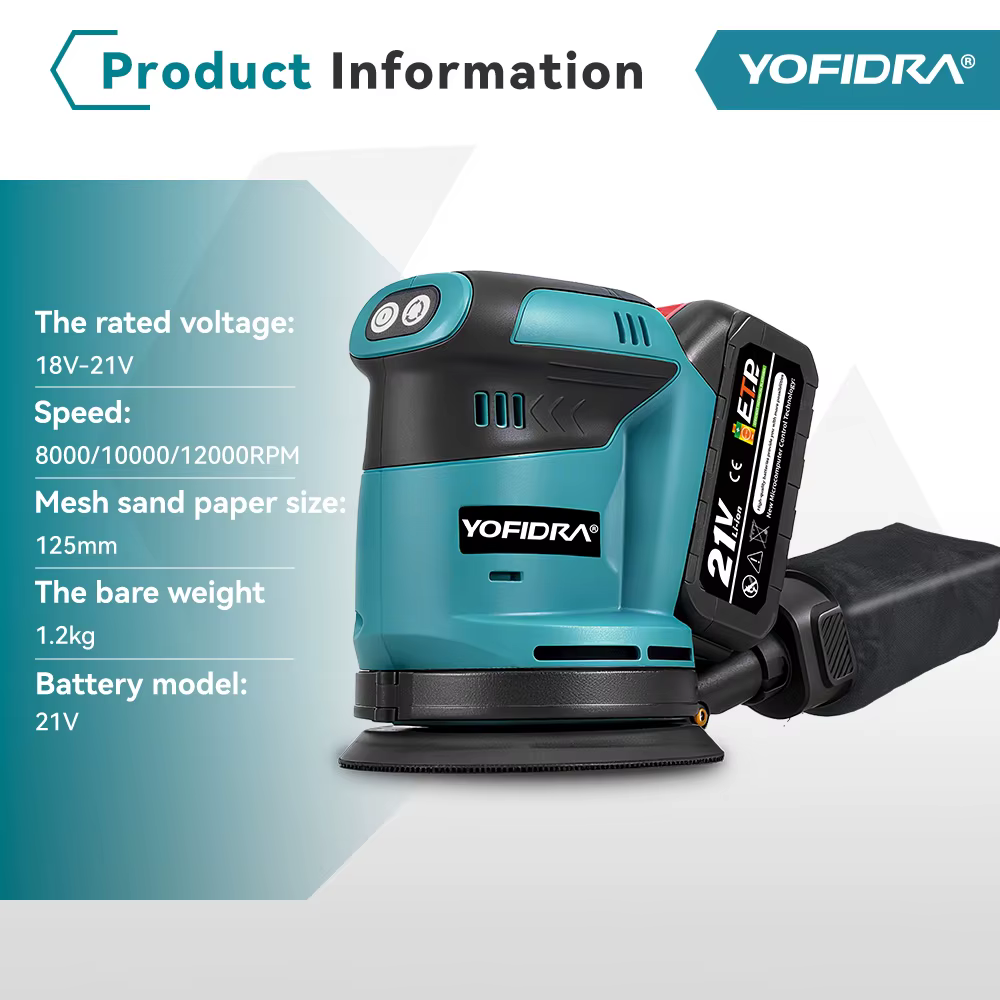 YOFIDRA 125MM ponceuse orbitale électrique sans fil 3 vitesses réglable Rechargeable polisseuse meuleuse Machine pour Makita 18V batterie